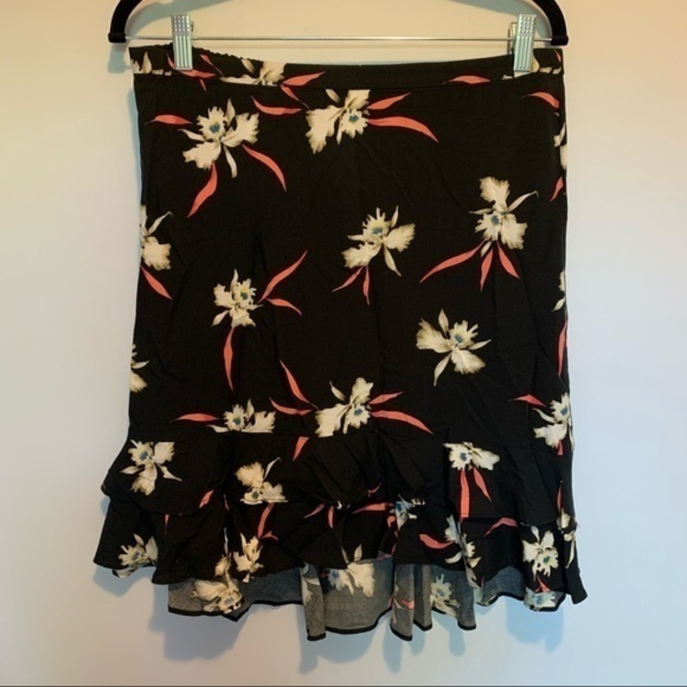J. Crew Black Floral Ruffled Midi Skirt